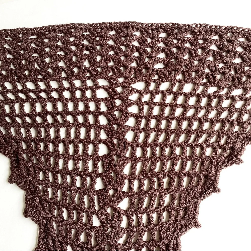 Scarf Triangle Cowl Shawl Hand Crafted Brown Gold Glitter Crochet Overlay